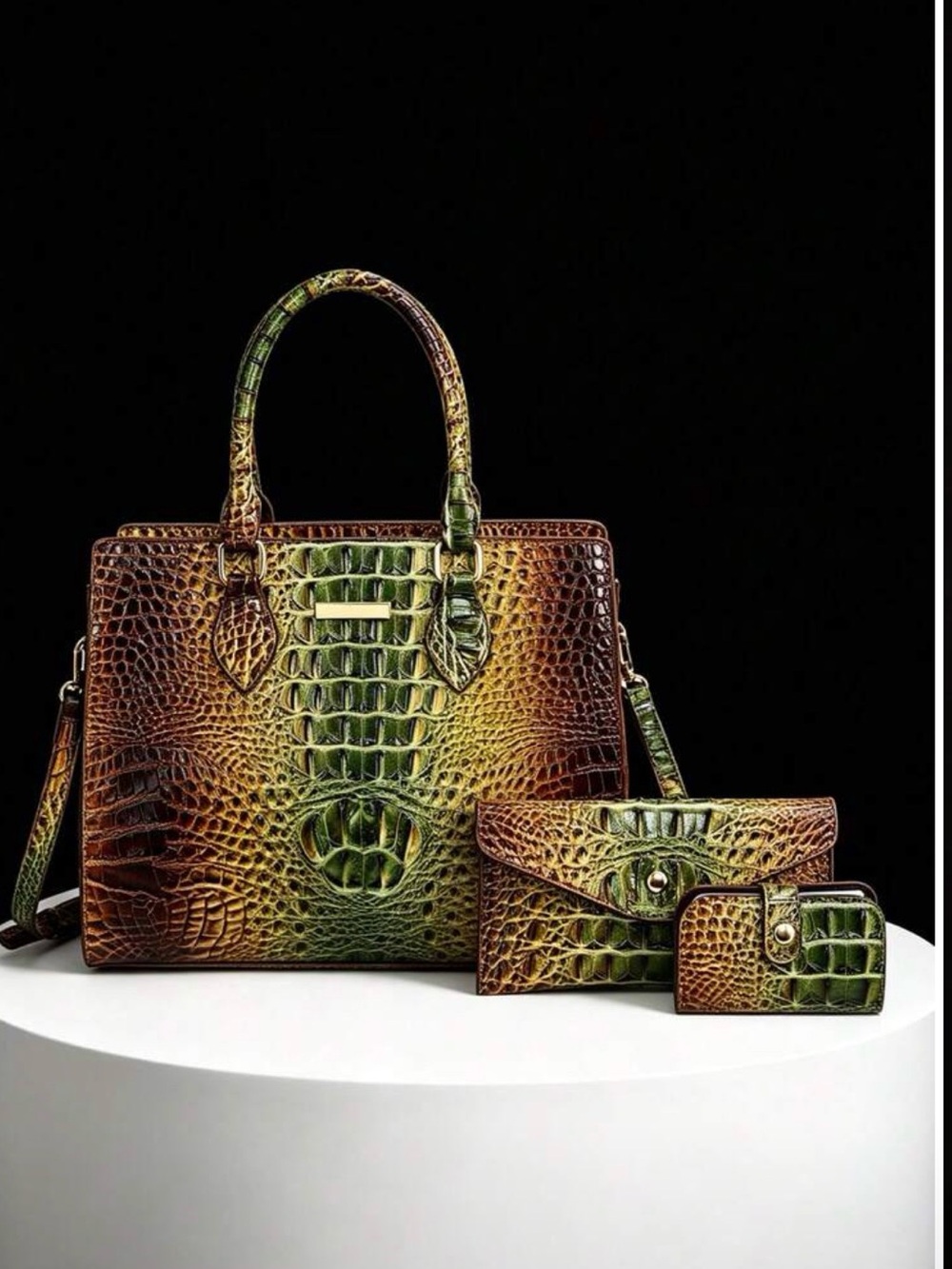 ✨NEW Green Brown Ombre Croc-Embossed Tote Bag with Matching Wallets
